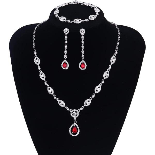 YADOCA Wedding Bridal Jewelry Set For Women Silver Prom Costume Jewelry Sets Rhinestone Crystal Teardrop Necklace Earrings Bracelet Bridesmaid Jewelry Accessories Blue Silver Red Rose Gold