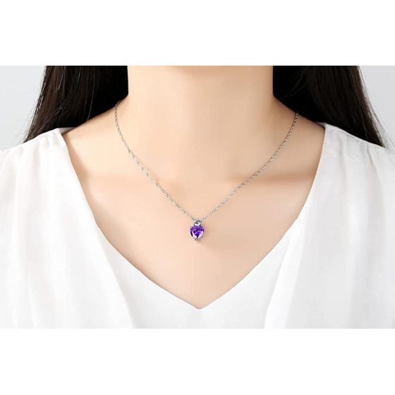 Jeolory 925 Silver Plated Shiny Fashion Cute Crystal Rhinestone Love Heart Pendent Necklace Stud Earrings Jewelry Set for Women Lady Girl (Light Purple)