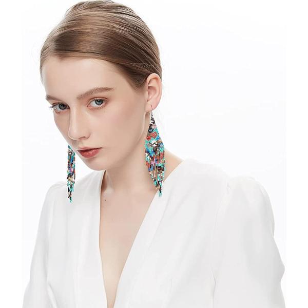 Long Beaded Tassel Earrings – Native Handmade Big Flower Bohemian Statement Chandelier Drop for Women Girls, Mexican Large Boho Seed Bead Fringe Dangle (Grey Flower), 5.7 Inch