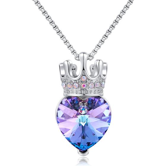 CDE Princess Queen Crown Necklace for Girls Women Love Heart Pendant Necklaces with Birthstone Crystal, Christmas Valentine’s Day Birthday Party Jewelry Gifts for Daughter Granddaughter Niece Teen Girl
