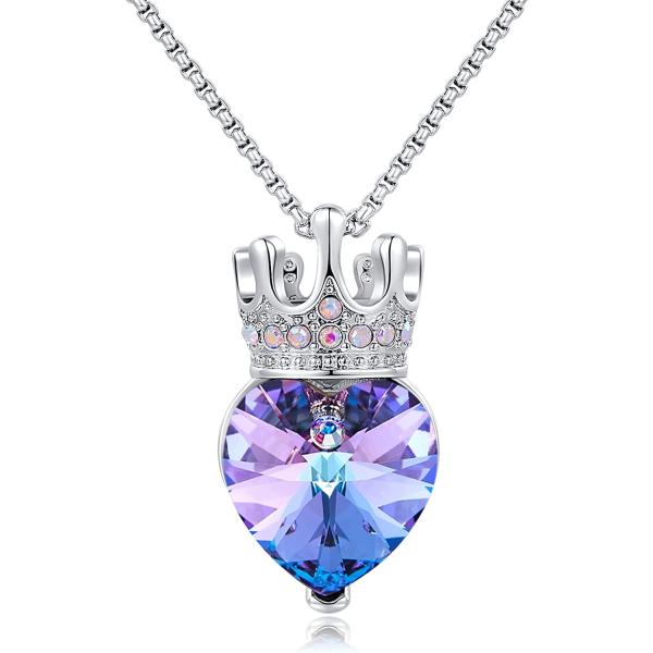 CDE Princess Queen Crown Necklace for Girls Women Love Heart Pendant Necklaces with Birthstone Crystal, Christmas Valentine’s Day Birthday Party Jewelry Gifts for Daughter Granddaughter Niece Teen Girl