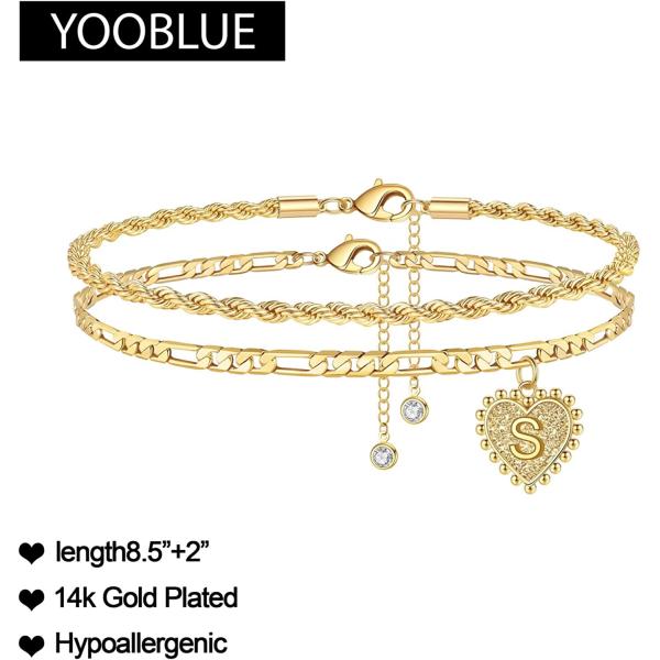 Yooblue Initial Ankle Bracelets for Women - 14K Gold Filled Dainty Heart Initial Anklet Foot Jewelry Gold Anklets for Women Teen Girls Summer Gifts