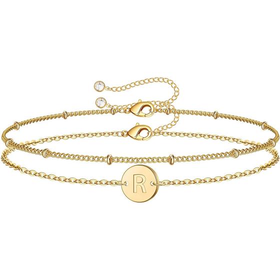 MONOZO Gold Initial Bracelets for Women Girls, Dainty 14K Gold Filled Layered Beaded Letter Initial Bracelet Personalized 26 Alphabet Disc Monogram Charm Bracelet Jewelry Gifts for Girls