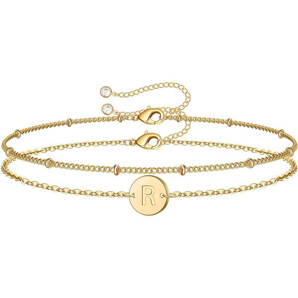 MONOZO Gold Initial Bracelets for Women Girls, Dainty 14K Gold Filled Layered Beaded Letter Initial Bracelet Personalized 26 Alphabet Disc Monogram Charm Bracelet Jewelry Gifts for Girls