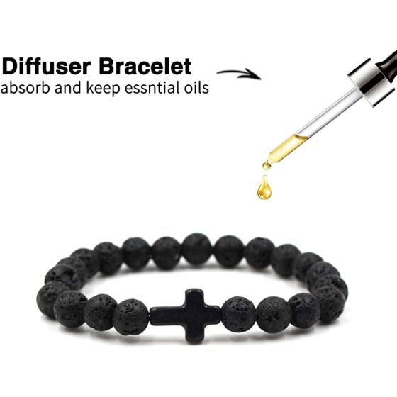 Softones 4PCS Cross Beads Bracelet for Men Women 8mm Healing Lava Stone Stretch Bracelets,7.5"