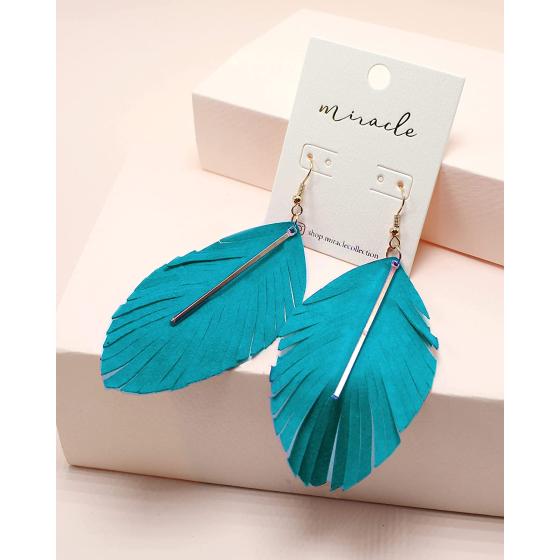 Miracle Collection Lightweight Genuine Soft Leather Fringe Leaf with Simple Drop Metal Bar Dangle Earring for Women and Girls