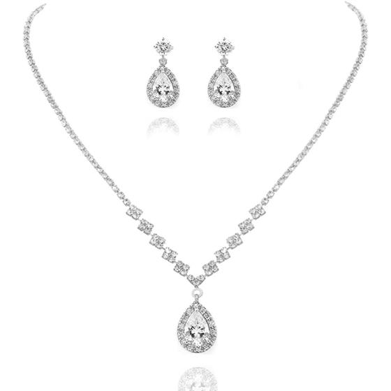 Aukmla Bride Wedding Necklace Earrings Set Silver Rhinestones Necklaces Bridal Crystal Jewelry Accessories for Women and Girls (Set of 3)