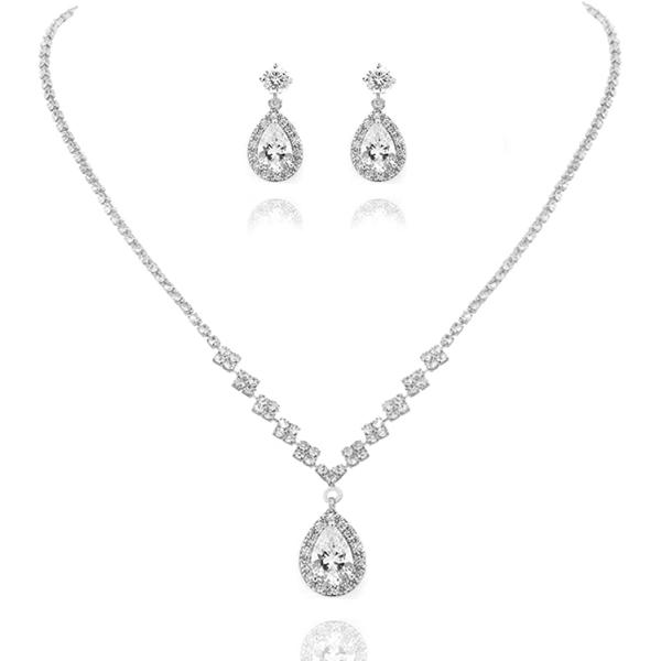 Aukmla Bride Wedding Necklace Earrings Set Silver Rhinestones Necklaces Bridal Crystal Jewelry Accessories for Women and Girls (Set of 3)