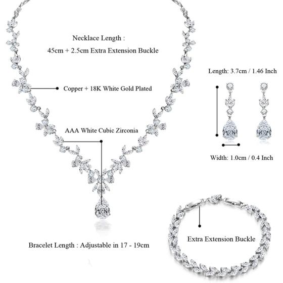 Hadskiss Jewelry Set for Women, Necklace Dangle Earrings Bracelet Set, White Gold Plated Jewelry Set with White AAA Cubic Zirconia, Allergy Free Wedding Party Jewelry for Bridal Bridesmaid