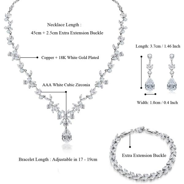 Hadskiss Jewelry Set for Women, Necklace Dangle Earrings Bracelet Set, White Gold Plated Jewelry Set with White AAA Cubic Zirconia, Allergy Free Wedding Party Jewelry for Bridal Bridesmaid