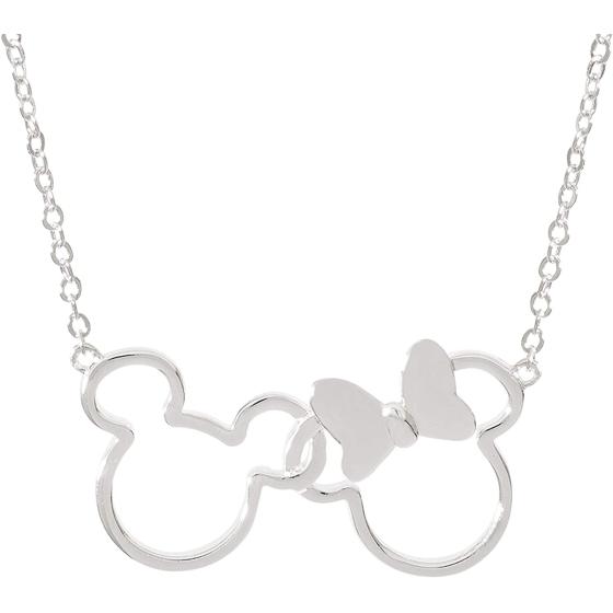 Disney Mickey and Minnie Mouse Jewelry for Women, Interlocking Mickey and Minnie Pendant Necklace; Silver Plated, Two Tone, 18"