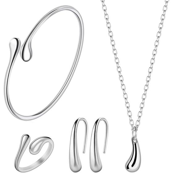 4PCS 925 Sterling Silver Jewelry Set for Women Teardrop Pendant Necklace Earrings Bracelet Ring Fit with Party Meeting Dating Wedding Daily Birthday Gift