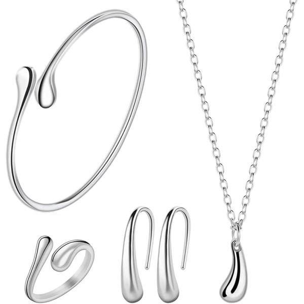 4PCS 925 Sterling Silver Jewelry Set for Women Teardrop Pendant Necklace Earrings Bracelet Ring Fit with Party Meeting Dating Wedding Daily Birthday Gift