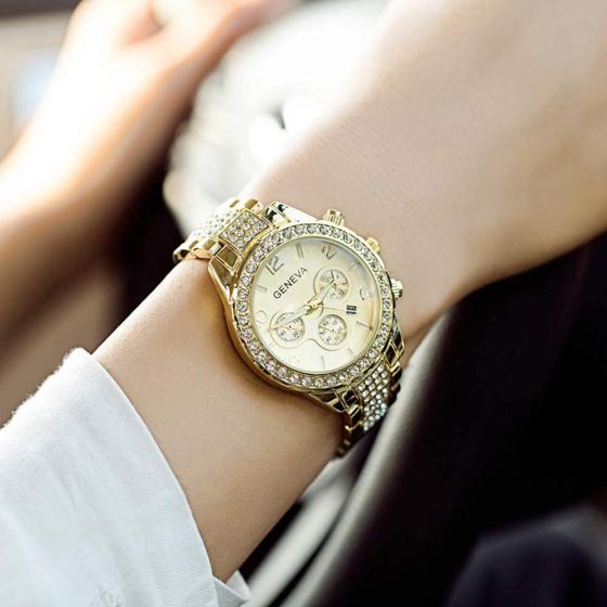 Gosasa Luxury Unisex Crystal Diamond Watches Quartz Digital Calendar Rose Gold Silver Stainless Steel Watch