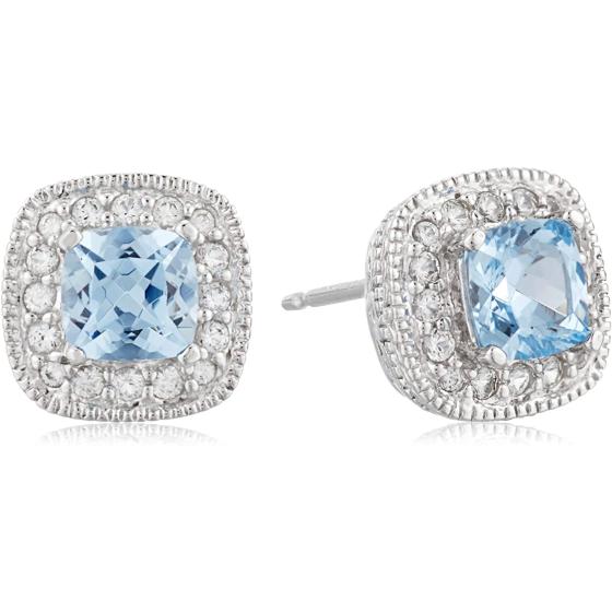 Amazon Collection Sterling Silver Cushion Cut Birthstone and Created White Sapphire Halo Stud Earrings