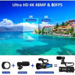 MISIOU Video Camera Camcorder, Auto Focus 4K 48MP 60FPS 30X Digital Zoom Camera for YouTube LED Fill Light Function Camcorder with Remote Control, Handheld Stabilizer, Microphone