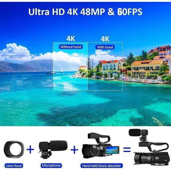 MISIOU Video Camera Camcorder, Auto Focus 4K 48MP 60FPS 30X Digital Zoom Camera for YouTube LED Fill Light Function Camcorder with Remote Control, Handheld Stabilizer, Microphone