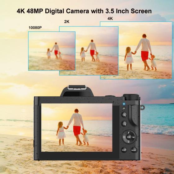 Bifevsr 4K Digital Camera 48MP Video Camera Camcorder with WiFi， Vlogging Camera YouTube Camera with 3.5 inch Screen， Wide Angle Lens &amp; Macro Lenses， Webcam， 16X Digital Zoom