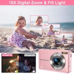 Digital Camera, Kids Camera with 32GB Card FHD 1080P 44MP Vlogging Camera with LCD Screen 16X Zoom Compact Portable Mini Rechargeable Camera Gifts for Students Teens Adults Girls Boys-Pink