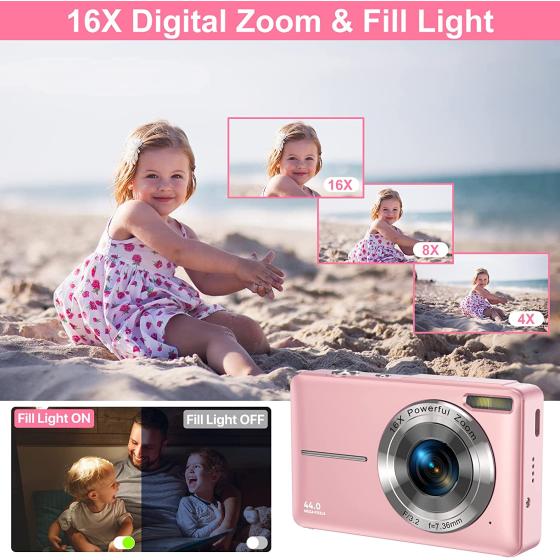Digital Camera, Kids Camera with 32GB Card FHD 1080P 44MP Vlogging Camera with LCD Screen 16X Zoom Compact Portable Mini Rechargeable Camera Gifts for Students Teens Adults Girls Boys-Pink