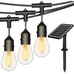 52 FT Solar Outdoor String Lights， Waterproof Solar Patio Light with 15 Shatterproof LED Edison Bulbs + High Efficient 6W Solar Panel + 6 in 1 Light Modes for Outside Party Backyard Porch Christmas