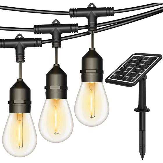 52 FT Solar Outdoor String Lights， Waterproof Solar Patio Light with 15 Shatterproof LED Edison Bulbs + High Efficient 6W Solar Panel + 6 in 1 Light Modes for Outside Party Backyard Porch Christmas