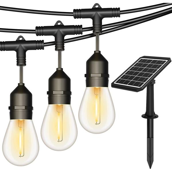 52 FT Solar Outdoor String Lights， Waterproof Solar Patio Light with 15 Shatterproof LED Edison Bulbs + High Efficient 6W Solar Panel + 6 in 1 Light Modes for Outside Party Backyard Porch Christmas