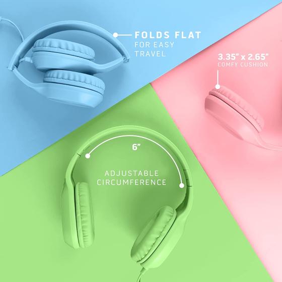 Sonitum Kids Headphones for School Bulk Set 5-Pack On-Ear， 3.5mm， Wired Headphones for Schools &amp; Libraries – Adjustable， Cushioned Wired Kids Headphones – School Headphones for Kids， (Mixed Colors)