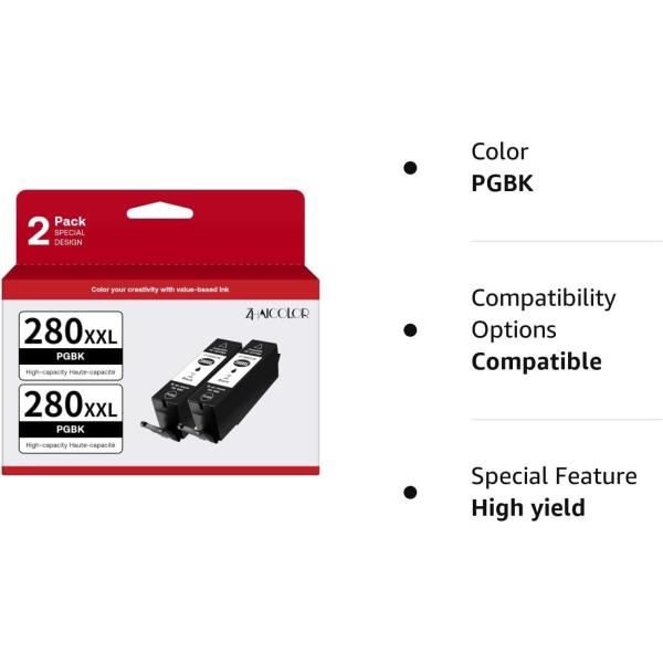 PGI-280 XXL Compatible Ink Cartridge Replacement for Canon 280 pgbk XXL High Yield Use to PIXMA TR7520 TR8520 TS6120 TS6220 TS8120 TS8220 TS9120 TS9520 TS9521C Printer (2 Large PGBK)