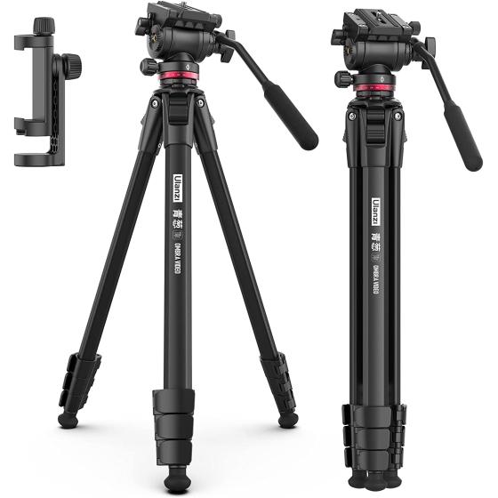 ULANZI MT-56 Ombra Video Travel Tripod, 63" Professional Camera Tripod with Fluid Pan-tilt Head, Aluminum DSLR Tripod Max Load 13.2 LB for Nikon Canon DSLR Camcorder, Phone Holder Included