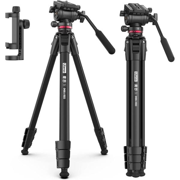 ULANZI MT-56 Ombra Video Travel Tripod, 63" Professional Camera Tripod with Fluid Pan-tilt Head, Aluminum DSLR Tripod Max Load 13.2 LB for Nikon Canon DSLR Camcorder, Phone Holder Included