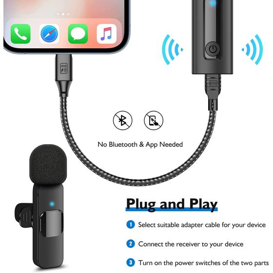 Professional Wireless Lavalier Microphone for iPhone, Android Phone, Camera - Recording Omnidirectional Condenser Mic Ultra Low Delay, Lapel Noise canceling Mic for Video YouTube Interview Tiktok Vlog