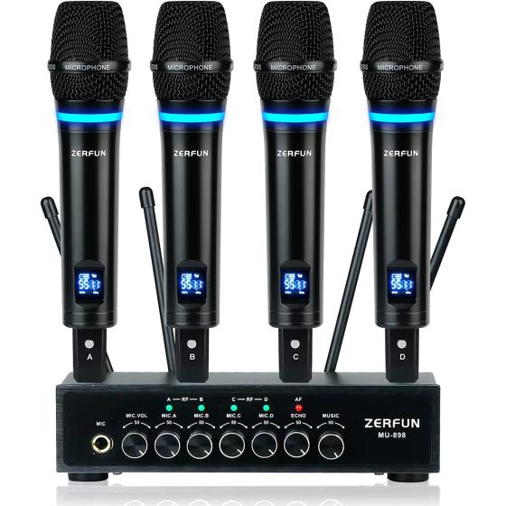 ZERFUN 4-Channel UHF Wireless Microphone System Rechargeable, Metal Handheld Wireless Microphones Cordless Mics Professional with Echo Bluetooth Volume Control for Karaoke Singing Church
