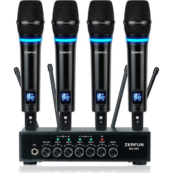 ZERFUN 4-Channel UHF Wireless Microphone System Rechargeable, Metal Handheld Wireless Microphones Cordless Mics Professional with Echo Bluetooth Volume Control for Karaoke Singing Church