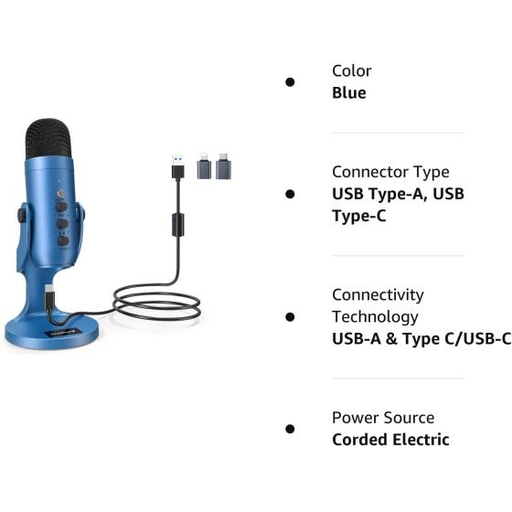 ZealSound USB Microphone,Condenser Gaming Mic for Phone/Laptop/PC/PS4/5/Computer,Microphone with Gain Knob,LED Mute,Monitor Volume Adjustment,Stand Base for Streaming, Podcast, Studio Recording (Blue)