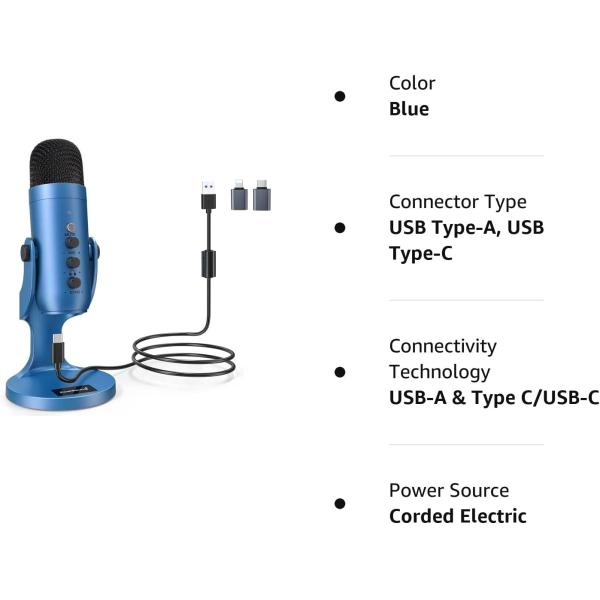 ZealSound USB Microphone,Condenser Gaming Mic for Phone/Laptop/PC/PS4/5/Computer,Microphone with Gain Knob,LED Mute,Monitor Volume Adjustment,Stand Base for Streaming, Podcast, Studio Recording (Blue)