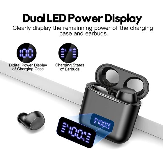 kurdene Wireless Earbuds, Bluetooth Ear Buds with Wireless Charging Case LED Power Display Light-Weight Premium Deep Bass Stereo in-Ear Earphones Built-in Mic 40 hrs Play Time-Black
