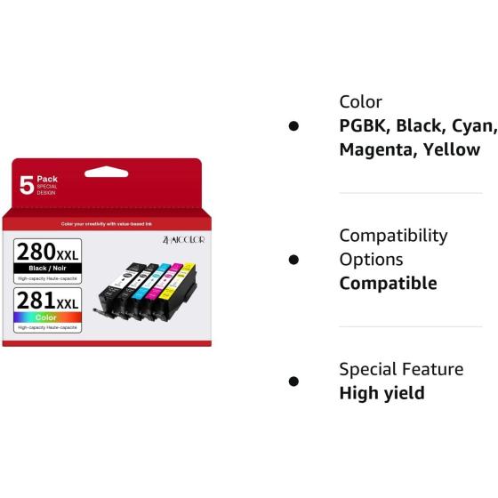 PGI-280XXL/CLI-281XXL Compatible Ink Cartridge Replacement for Canon Ink 280 and 281 Cartridge High Yield Use to PIXMA TR7520 TR8520 TR8500 TR8600 TR8620 TS6120 TS6220 TS9120 (5 Value Pack)