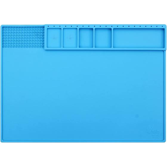 VOTCT Large Silicone Repair Mat Heat Resistant 932℉, Soldering Mat Has Magnetic Area and Multiple Parts Storage Areas For Repair Watch, Phone Other Electronic Product. Light Blue, Size: 17 x 12 Inch
