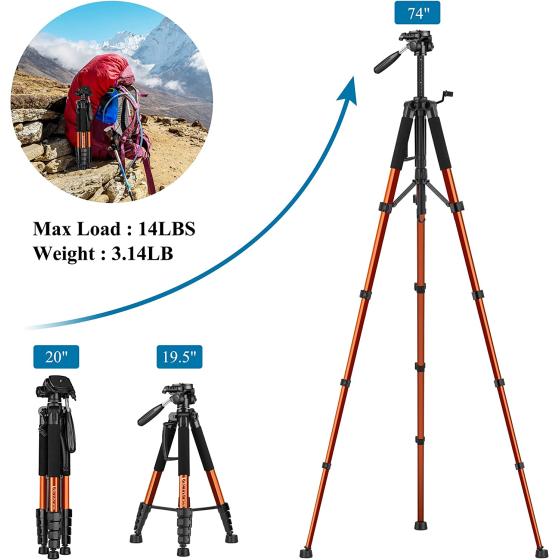 VICTIV 74” Camera Tripod for iPhone Canon Nikon, Lightweight Travel Tripod with Carry Bag, Aluminum Professional Camera Tripod Stand for DSLR/SLR