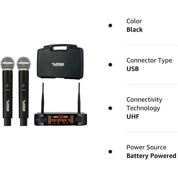 The Platinum Wireless Microphone System, Metal Professional Dual Channel Handheld Dynamic Mic System with Professional Karaoke Receiver, for Party, KTV, Meeting, Wedding, DJ, Church,200ft