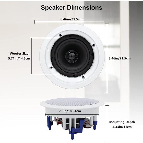 Herdio 5.25'' in Ceiling Speakers 600W 2-Way Flush Mount in Wall Speaker for Home Theater, Indoor, Bathroom, Office, Covered Porches (2 Pairs, White)