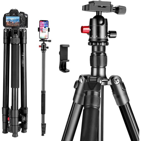ZIKZOK Professional 62" DSLR Tripod Camera Tripods with Phone Holder for Travel, Super Lightweight and Reliable Stability, Ball Head Tripod Detachable Monopod with Carry Bag (Black)