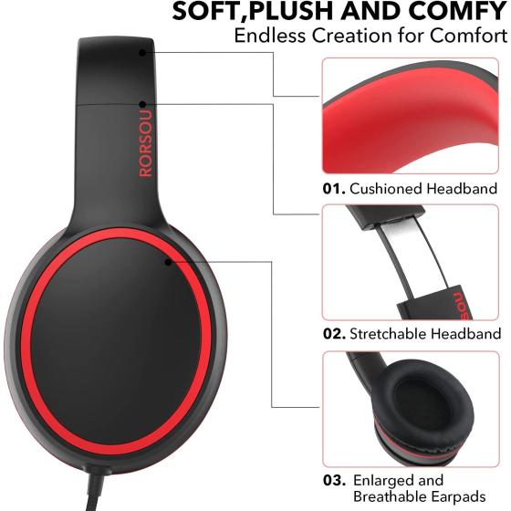 RORSOU R10 On-Ear Headphones with Microphone, Lightweight Folding Stereo Bass Headphones with 1.5M No-Tangle Cord, Portable Wired Headphones for Smartphone Tablet Computer MP3 / 4