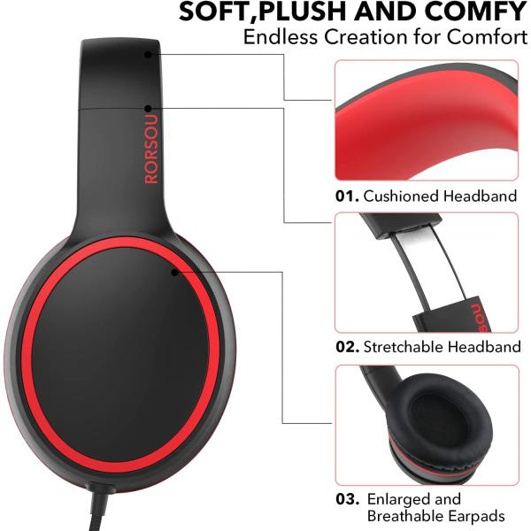 RORSOU R10 On-Ear Headphones with Microphone, Lightweight Folding Stereo Bass Headphones with 1.5M No-Tangle Cord, Portable Wired Headphones for Smartphone Tablet Computer MP3 / 4