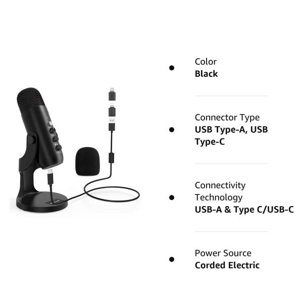 ZealSound USB Microphone,Condenser Computer PC Mic,Plug&Play Gaming Microphones for PS 4&5.Headphone Output&Volume Control,Mic Gain Control,Mute Button for Vocal,YouTube Podcast on Mac&Windows(Black)