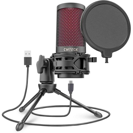 CMTECK USB Microphone, Podcast Microphone with Pop Filter & Mute Button, Compatible Desktop Computer and Laptop (Black)