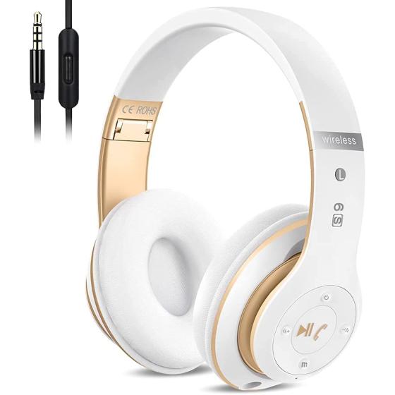 Prtukyt 6S Wireless Bluetooth Headphones Over Ear, Hi-Fi Stereo Foldable Wireless Stereo Headsets Earbuds with Built-in Mic, Volume Control, FM for Phone/PC (Black & Gold)