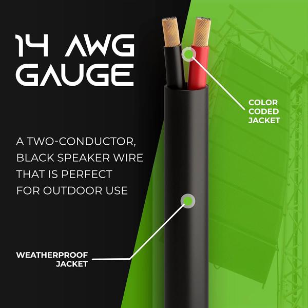 GearIT 12/2 Speaker Wire (100 Feet) 12 Gauge (Copper Clad Aluminum) - Outdoor Direct Burial in Ground/in Wall / CL3 CL2 Rated / 2 Conductors - CCA, Black 100ft