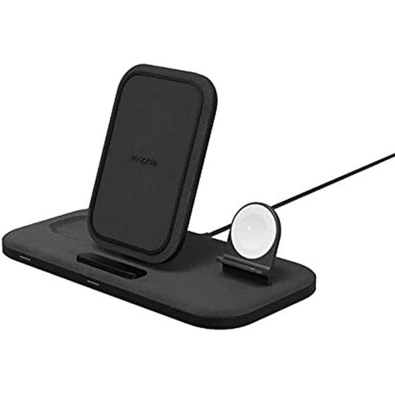 mophie 3-in-1 Wireless Charging Stand for Apple iPhone, AirPods/AirPods Pro & Watch, 15W Super-Fast Charging, Stylish Gloss Finish, Portrait or Landscape Smartphone Charging Mode, Black Fabric